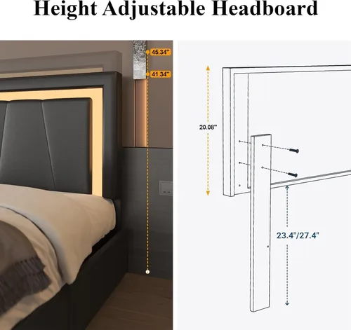 Vista 6 de Benevika Estructura de cama completa con 4 cajones de almacenamiento y cabecera ajustable, cama de plataforma tapizada con luces LED y puertos USB