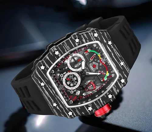 Vista 3 de Reloj de correa de goma para hombre, diseño deportivo cuadrado y luminoso, con cubierta desmontable, analógico y punk, con cronógrafo, mecanismo