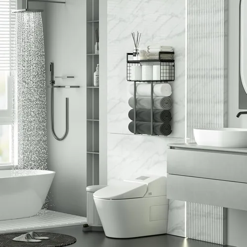 Vista 2 de Xstydes Toalleros para baño, toallero de metal con cesta de almacenamiento, toallero de pared para toallas enrolladas, almacenamiento de toallas