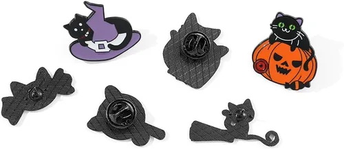 Vista 5 de Divertido juego de pines esmaltados de Halloween, juego de gato con calabaza y caramelo mágico, broche de broche lindo estético de solapa