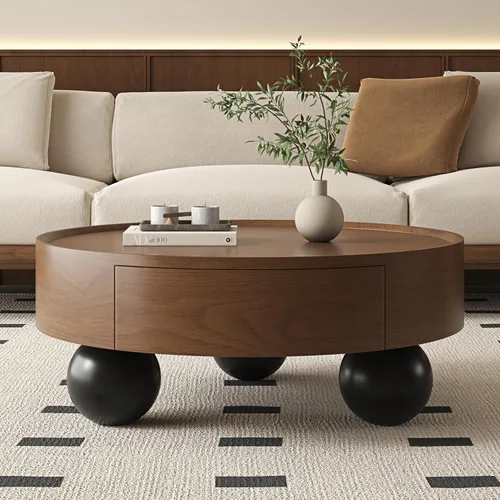 Vista 18 de Mesa de centro redonda de madera de 31.49 pulgadas con almacenamiento, mesa de centro circular acanalada de 2 niveles con tapa y estante para sala