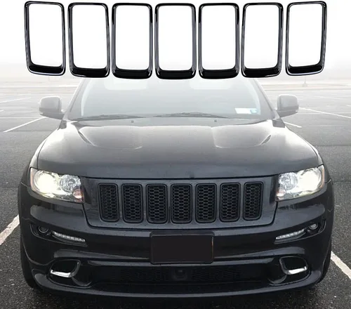 Vista 5 de Astra Depot Compatible con 2014 2015 2016 Jeep Grand Cherokee Kit de insertos de cubierta de rejilla de 7 piezas, negro brillante