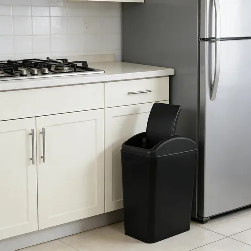 Vista 6 de Cubo de basura con tapa oscilante de 4.2 galones, cubo de basura de plástico con tapa, color negro