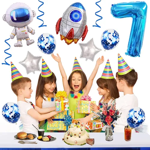 Vista 2 de Globos de cumpleaños de cohete de 7º astronauta, globo de fiesta de espacio exterior, globos gigantes de papel de aluminio de 32 pulgadas, globo