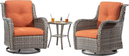 Vista 16 de Juego de 2 sillas de patio giratorias de 360 grados para exteriores y mesa auxiliar a juego – 3 sillas deslizantes de mimbre para patio con cojines