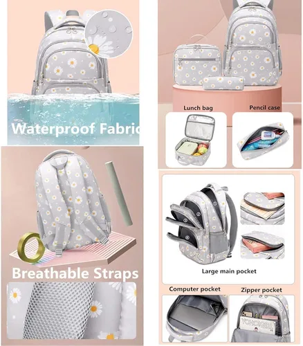 Vista 4 de Daisy Prints - Juego de mochila con kits de almuerzo bolsa de libros para niñas adolescentes 3 piezas mochila escolar degradada para estudiantes