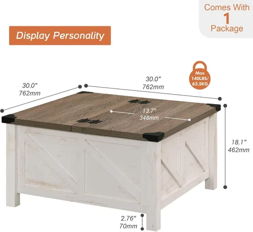 Vista 2 de WAMPAT Mesa de café cuadrada de granja con almacenamiento para sala de estar, mesa central de comedor de 30x30 pulgadas de madera con tapa abatible
