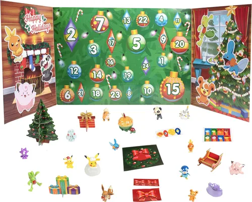 Vista 3 de Calendario de Adviento de Pokémon para niños, juego de regalo de 24 piezas, incluye Pikachu, Eevee, Jigglypuff y más, 16 figuras de personajes