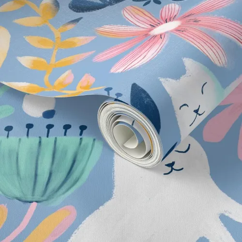 Vista 2 de Spoonflower Papel tapiz para despegar y pegar, papel tapiz extraíble personalizado de gatos de primavera con diseño de gatos florales