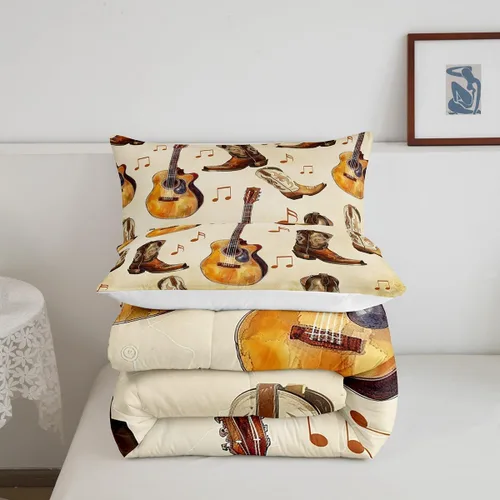Vista 5 de Castle Fairy Juego de edredón de botas de vaquero, tamaño individual, juego de ropa de cama bohemio con guitarra musical para niños y niños