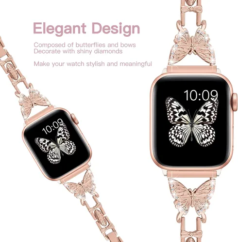 Vista 5 de Wipalor, compatible con la malla para reloj de Apple de 38mm y 40mm, liviana para mujer, pulsera fácil de ajustar, diamante brillante en la oro rosa
