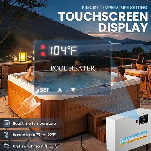 Vista 2 de Mxmoonant Calentador de piscina 9KW 220V, calentadores eléctricos de piscina, termostato de agua para bañera de hidromasaje con pantalla táctil