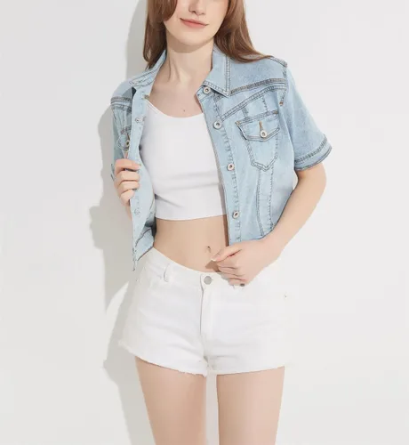 Vista 2 de Chaqueta de mezclilla de manga corta para mujer, con botones, chal elástico