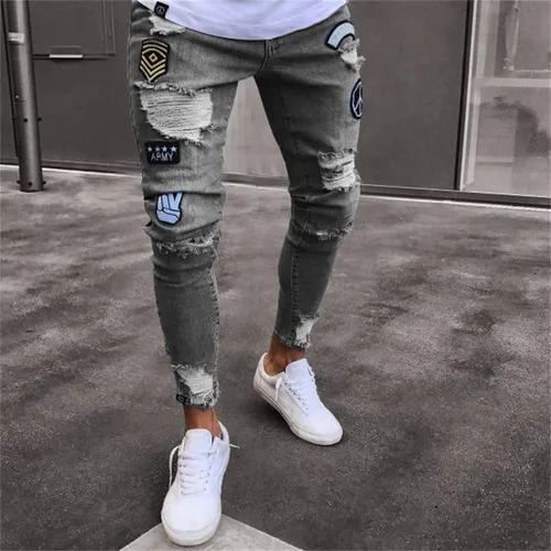 Vista 2 de Pantalones de mezclilla ajustados para hombre, ajustados, rasgados, ajustados, desgastados, con agujeros rasgados
