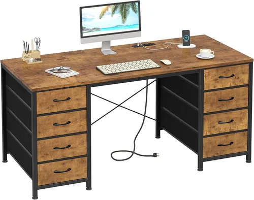 Vista 15 de YOMILUVE Escritorio para computadora de 50 pulgadas con 8 cajones, escritorio para oficina en casa con tomas de corriente, escritorio de trabajo
