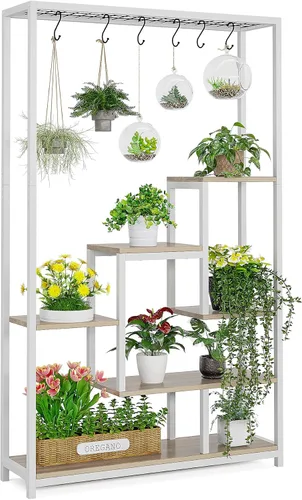 Vista 8 de LITTLE TREE Soporte alto para plantas de interior de 5 niveles, estante de metal grande de 70.9 pulgadas para macetas de bonsái, estante de Marrón