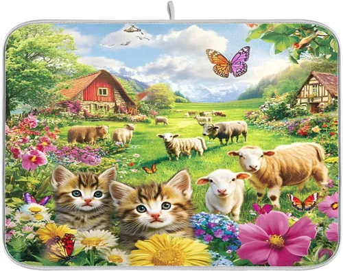 Vista 19 de Tapete de secado de platos, girasoles en madera, tapete de secado reversible absorbente de flores, tapete de secado de platos, tapete para secar