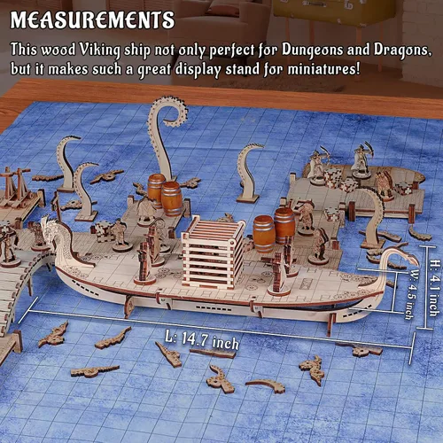 Vista 4 de CZYY Miniaturas Viking Longship Madera Cortada con Láser de 1 pulgada Cuadrícula Cuadrada Mapa de batalla para D&D, Calabozos y Dragones, Pathfinder