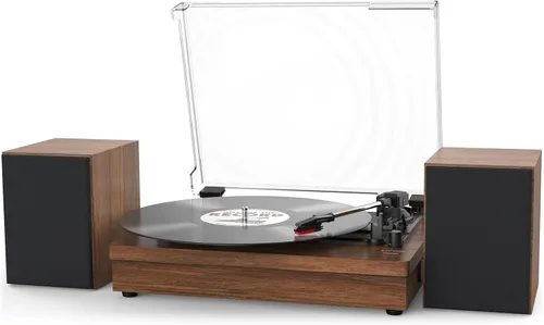 Vista 10 de Reproductor de discos de vinilo con dos altavoces estéreo, tocadiscos con reproducción Bluetooth de 3 velocidades, entrada AUX para auriculares
