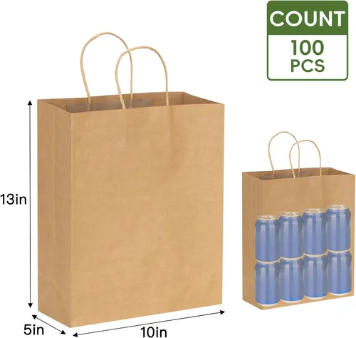 Vista 2 de Moretoes 100 bolsas de papel de regalo de 10 x 5 x 13 pulgadas, bolsas de papel kraft marrón con asas a granel para compras, venta al por menor