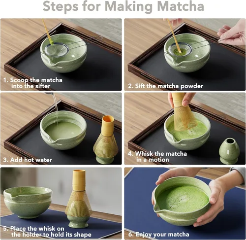 Vista 6 de Juego de batidor de matcha, kit perfecto para los amantes del matcha, incluye cuenco de cerámica, batidor de bambú, soporte, cuchara, tamiz y tela