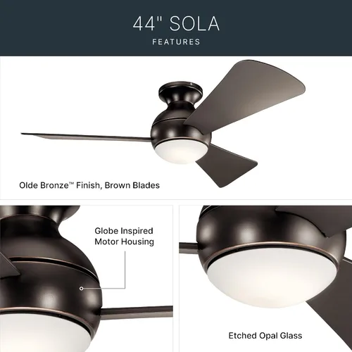 Vista 5 de Kichler Sola Ventilador de techo para exteriores de 44 pulgadas con luz LED, bronce antiguo