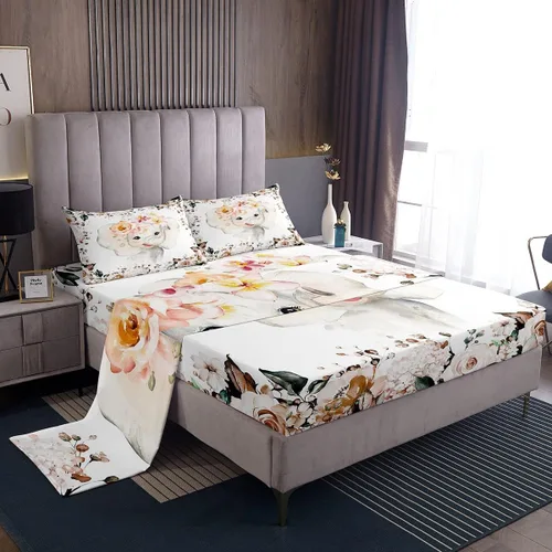 Vista 22 de Erosebridal Juego de sábanas de tamaño individual con diseño de gatos y gatos, con temática de animales, con flores coloridas, juego de sábanas