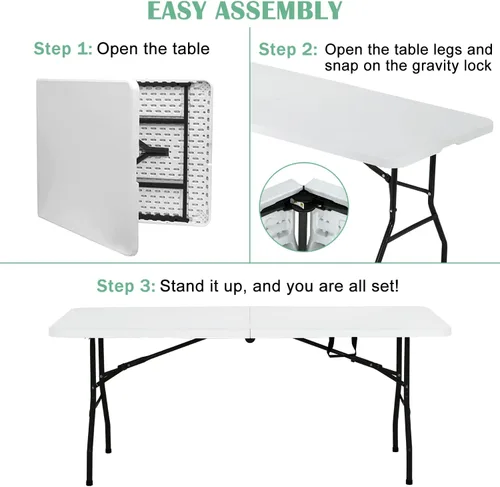 Vista 5 de Mesa plegable portátil de 6 pies plegable por la mitad con asa, soporta hasta 500 libras, mesa de comedor para interiores y exteriores para fiestas
