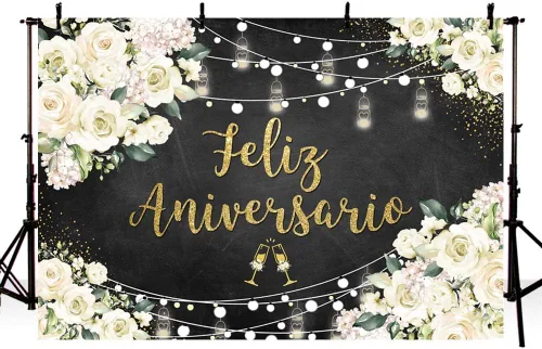 Vista 3 de AIBIIN Telón de fondo de feliz aniversario de 8 x 6 pies con temática mexicana, decoraciones de feliz aniversario, flores blancas, fondo