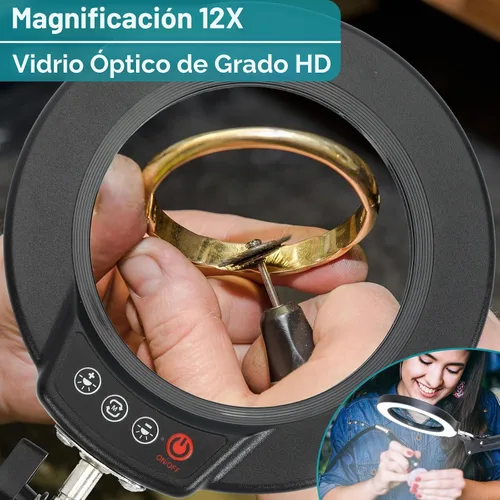 Vista 2 de Lámpara de lupa de 10 aumentos con luz y soporte, lámpara de escritorio y abrazadera 2 en 1, Seylae con 5 modos de color, lupa iluminada LED