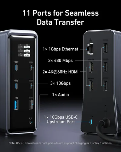 Vista 6 de Estación de acoplamiento Anker Prime, 14 puertos con salida máxima de 160W, transferencia de datos rápida de 10Gbps, interfaz inteligente en tiempo