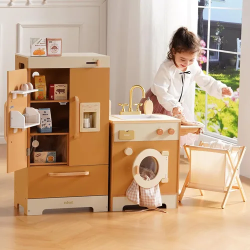 Vista 2 de ROBOTIME Juego de cocina de madera caramelo para niños, juego de rol 4 en 1 con nevera, lavadora y plancha, lavavajillas, juego de cocina para niños