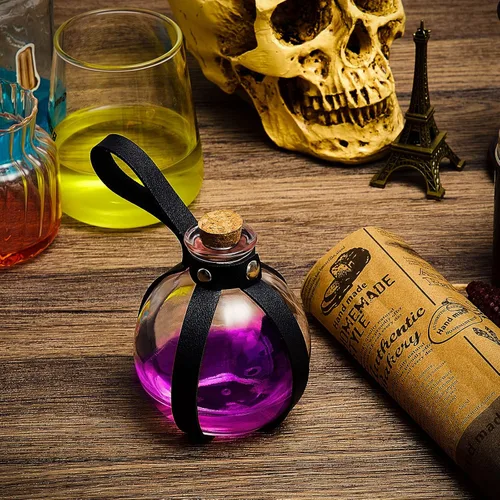 Vista 5 de Patelai 2 botellas de poción de vidrio de Halloween con cinturón, corcho, accesorios de disfraz de bruja renacentista, botella de poción