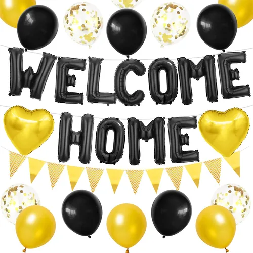 Vista 9 de Decoraciones Welcome Home Negro Azul Plateado, Pancarta de Globos de Papel de Aluminio Negro Welcome Home con Globos de Corazón Azul Marino Banderín