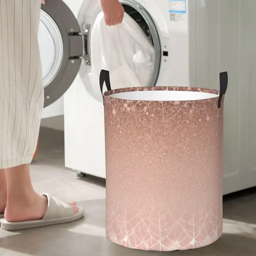 Vista 7 de Cesta circular con estampado de oro rosa, impermeable, cesta organizadora de lavandería, con asas, para ropa, juguetes, pequeña