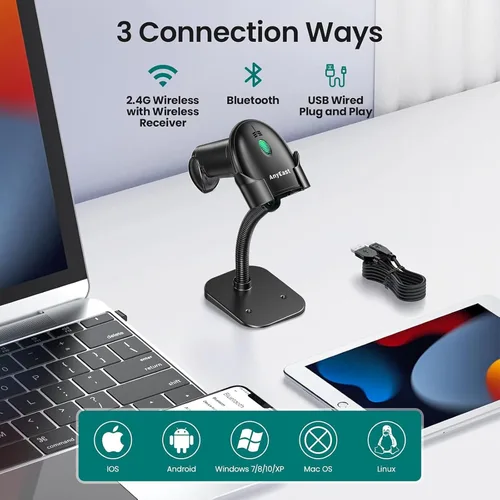 Vista 2 de Escáner de código de barras Anyeast 2D 1D con soporte, Bluetooth, inalámbrico y USB con cable Screen scanning, 2.4G connection, automatic Gris