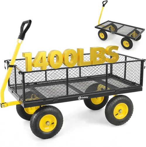Vista 8 de Sekey Carrito de jardín de malla de acero de 600 libras para patio y patio trasero, carro utilitario con lados extraíbles (cama plana convertible)