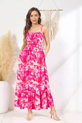 Vista 4 de GRACE KARIN Vestido largo de verano para mujer, sin mangas, floral, tirantes delgados, fruncido, bohemio, para playa, con bolsillos