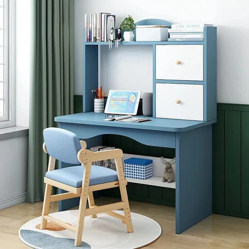 Vista 10 de QQXX Juego de escritorio y silla de altura ajustable, mesa de estudio de madera con gabinete y cajón de almacenamiento, mesa de escritorio de Azul A