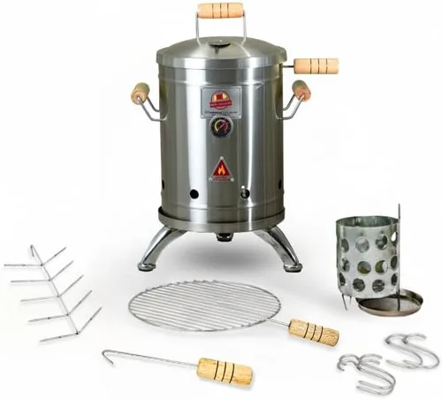 Vista 10 de Parrilla vertical 2 en 1 para ahumar (16 libras) - Acero inoxidable 304 de alta calidad - Termómetro y ventilación para barbacoa de carbón Barril