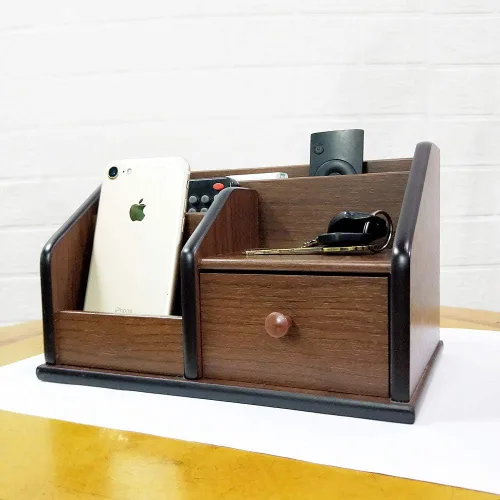 Vista 2 de N Organizador de escritorio de madera con cajón pequeño Organización de oficina y hogar como soporte de control remoto portalápices HeBen1029