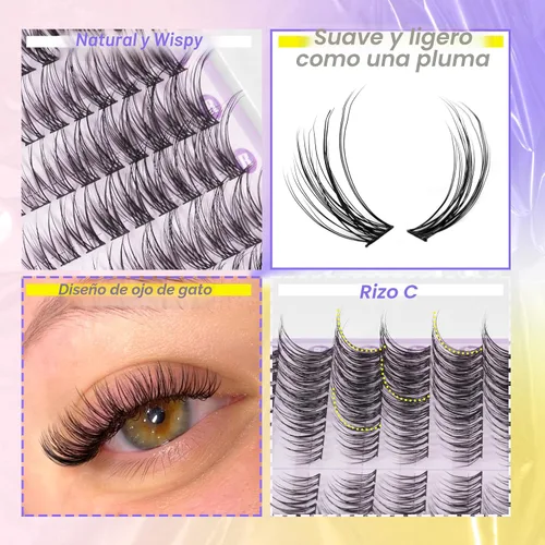 Vista 5 de Extensiones de pestañas en racimo naturales DIY, extensiones de pestañas en racimo con curva C, extensiones de pestañas en racimo para ojo de gato