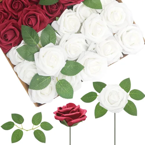 Vista 36 de 25 rosas realistas negras, flores artificiales de espuma de látex con tallos flexibles y 8 hojas para decoración de bodas, hogar y fiestas Negro