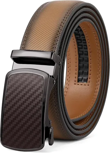Vista 8 de SENDEFN Cinturón de cuero para hombre, con hebilla de trinquete automática, cinturón casual de 1 3/8 pulgadas de ancho, ribete ajustable