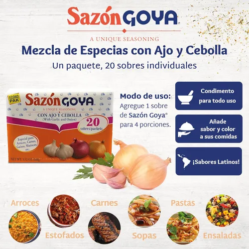 Vista 7 de Goya Sazon Ajo Y Cebolla 3.5 oz Latin Spice Blend for Poultry, Seafood, Meat and Vegetables, All Purpose Mexican Seasoning, 3.52oz Carton, Quality