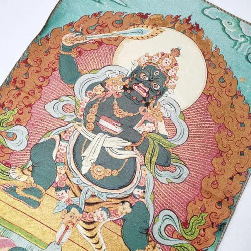 Vista 3 de Tapiz de budismo tibetano Thangka con bordado de seda, color negro, Wenshu Manjushri Tangka Fengshui, mural, pintura mural para colgar en la pared