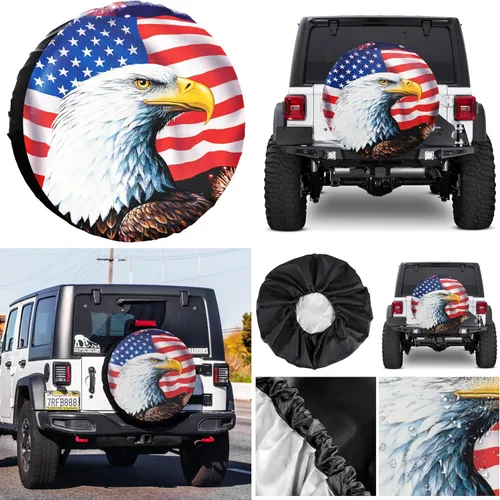 Vista 5 de Cubierta de neumático de repuesto, bandera de águila americana, de poliéster, universal, impermeable, protección contra la corrosión, para remolque