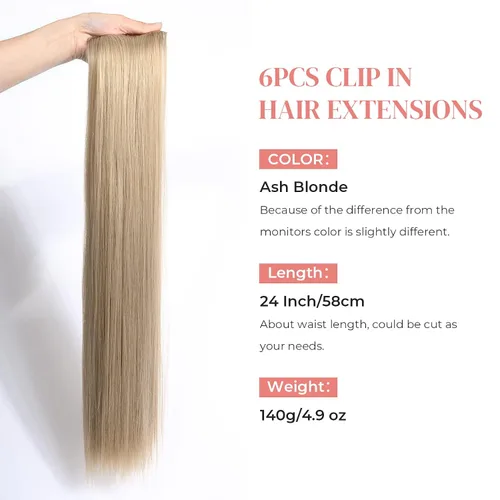 Vista 3 de LONAI 6 extensiones de cabello con clip, 24 pulgadas de largo, lacio, sintético, postizo para mujer, rubio ceniza natural
