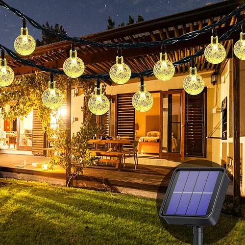 Vista 9 de Luces solares de Navidad para exteriores, impermeables, 8 modos de 23.0 ft/24 pies, 50 luces LED de bola de cristal para exteriores, luces solares