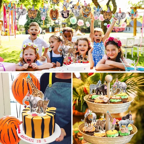 Vista 5 de Decoraciones de cumpleaños de animales de safari, fiestas, animales de la selva, banderines salvajes para tartas y globos para niños y niñas